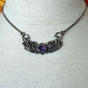 Sterling Silver Amethyst Ornate Scroll Necklace Artisan Statement Necklace